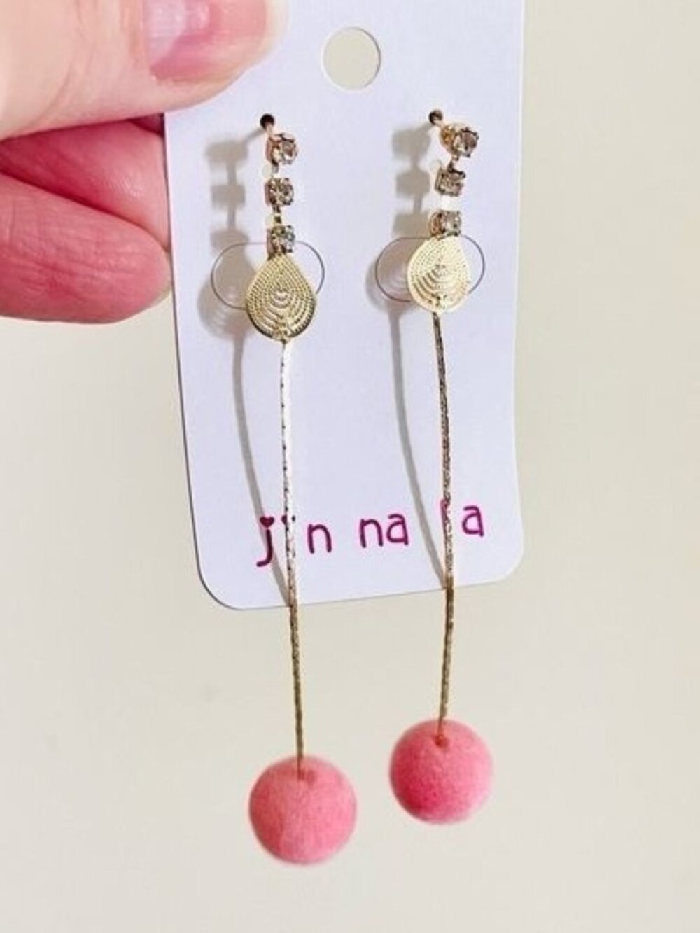 Jin Na La Earrings Pink Pom Pom Drop 3.5 Inch Gold Tone Statement